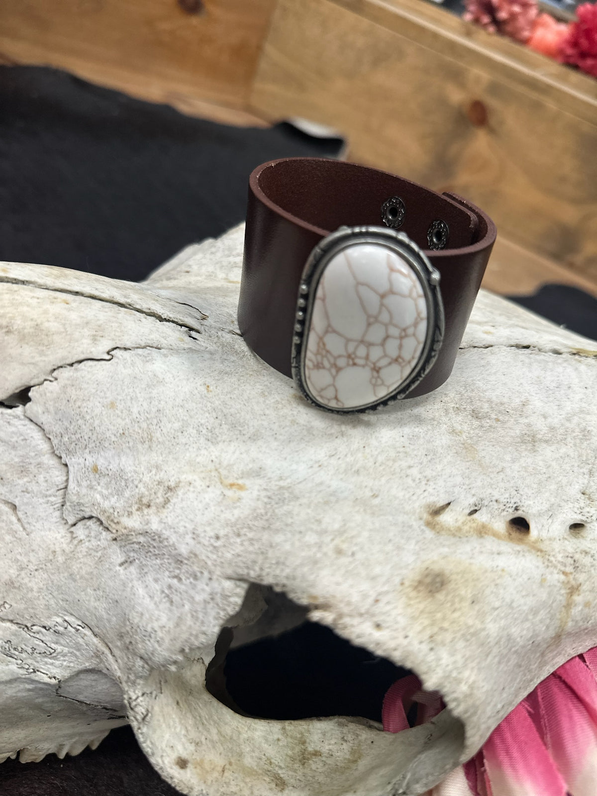 Turquoise Stone Leather Cuff Bracelet