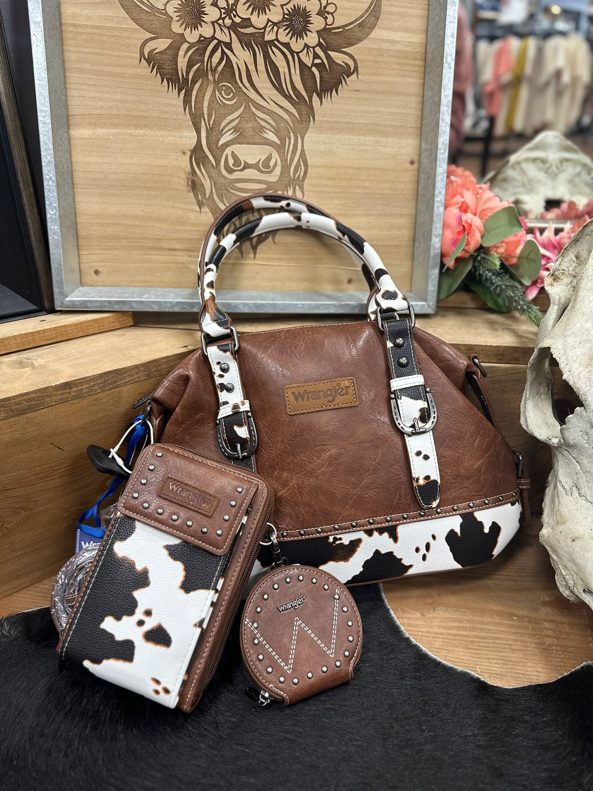 Wrangler Cow Print 3-Piece Purse and Wallet Set