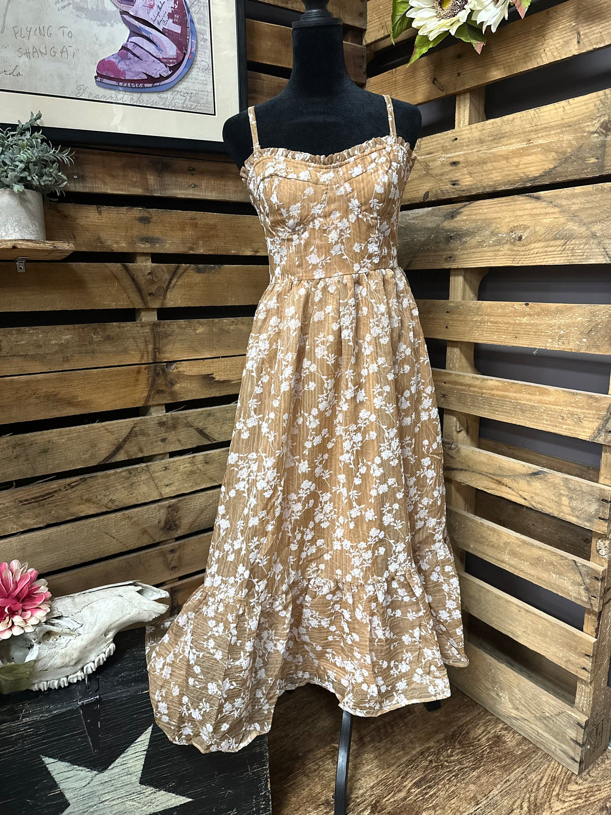 Golden Blooms Smocked Midi Dress