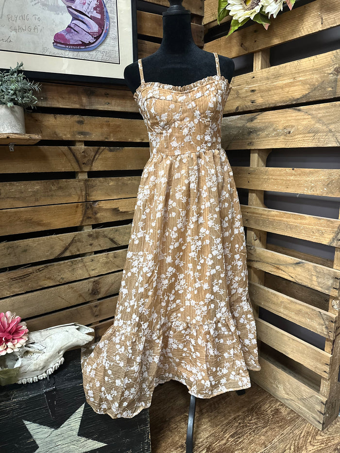 Golden Blooms Smocked Midi Dress
