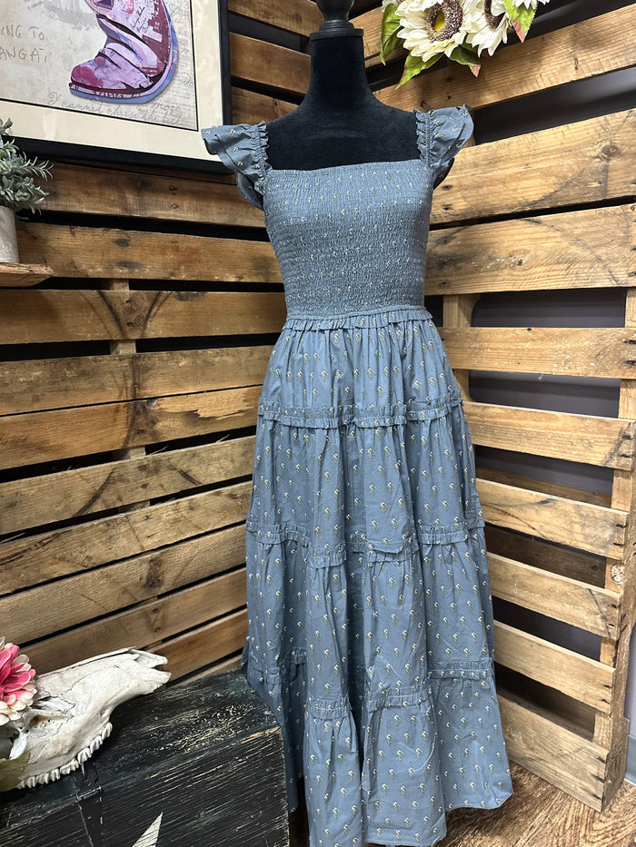 Smoky Blue Smocked Midi Dress