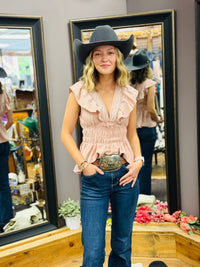 Lucky & Blessed Peach Boot-Stitch Ruffle Blouse