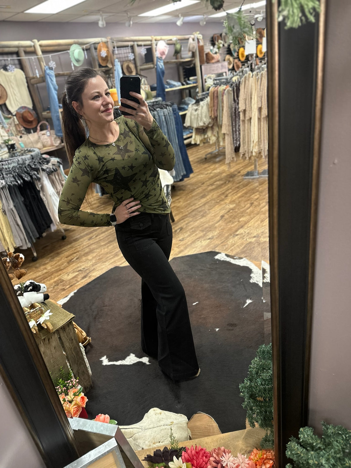 Olive Star Mesh Long Sleeve Top