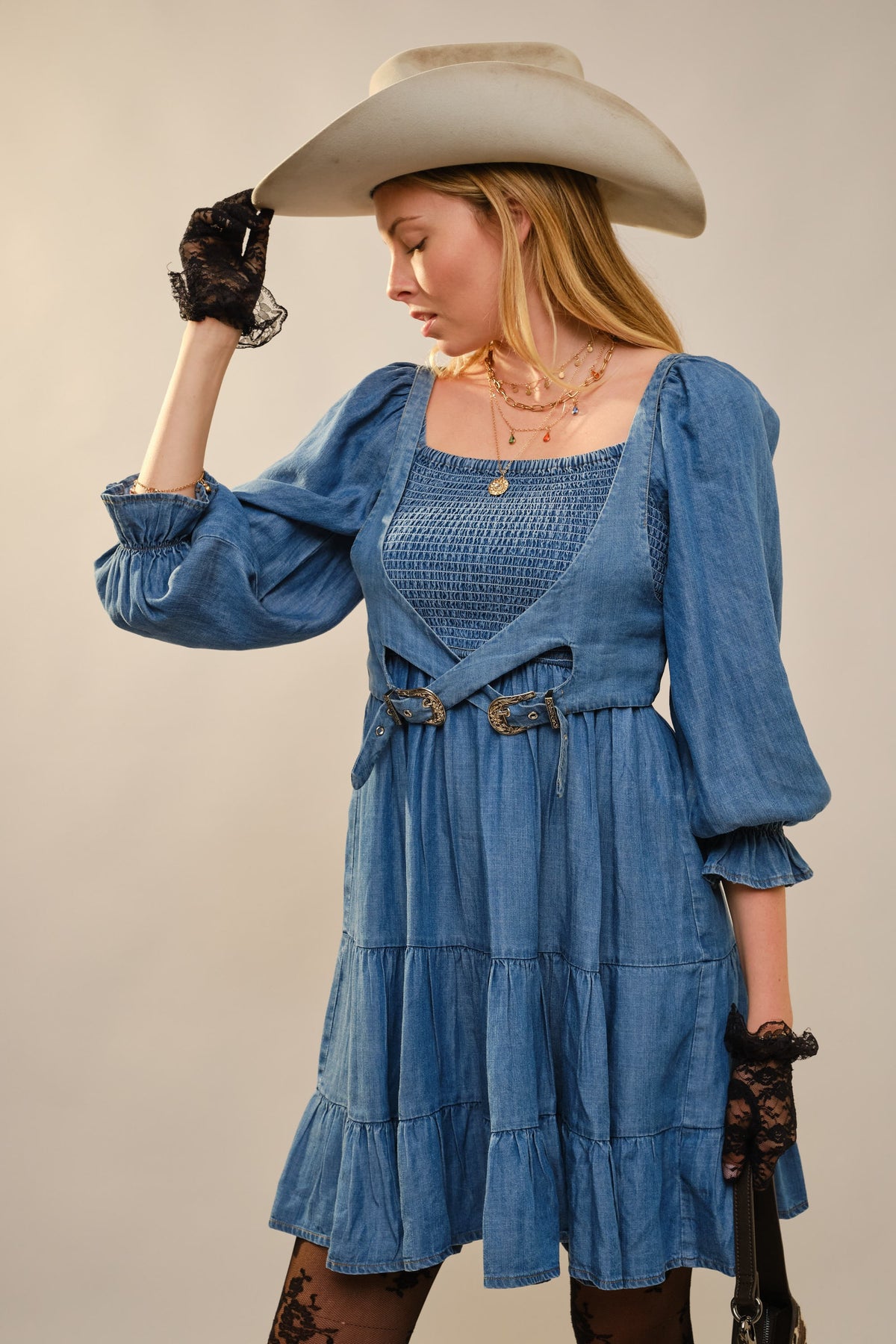 Western Buckle Smocked Mini Dress