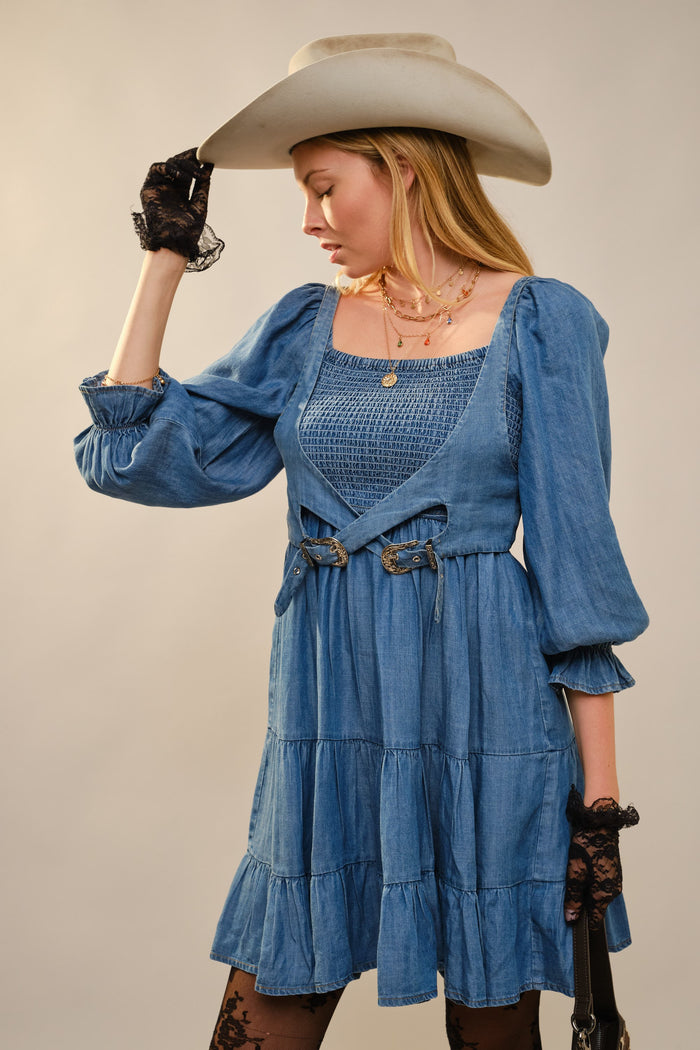 Western Buckle Smocked Mini Dress