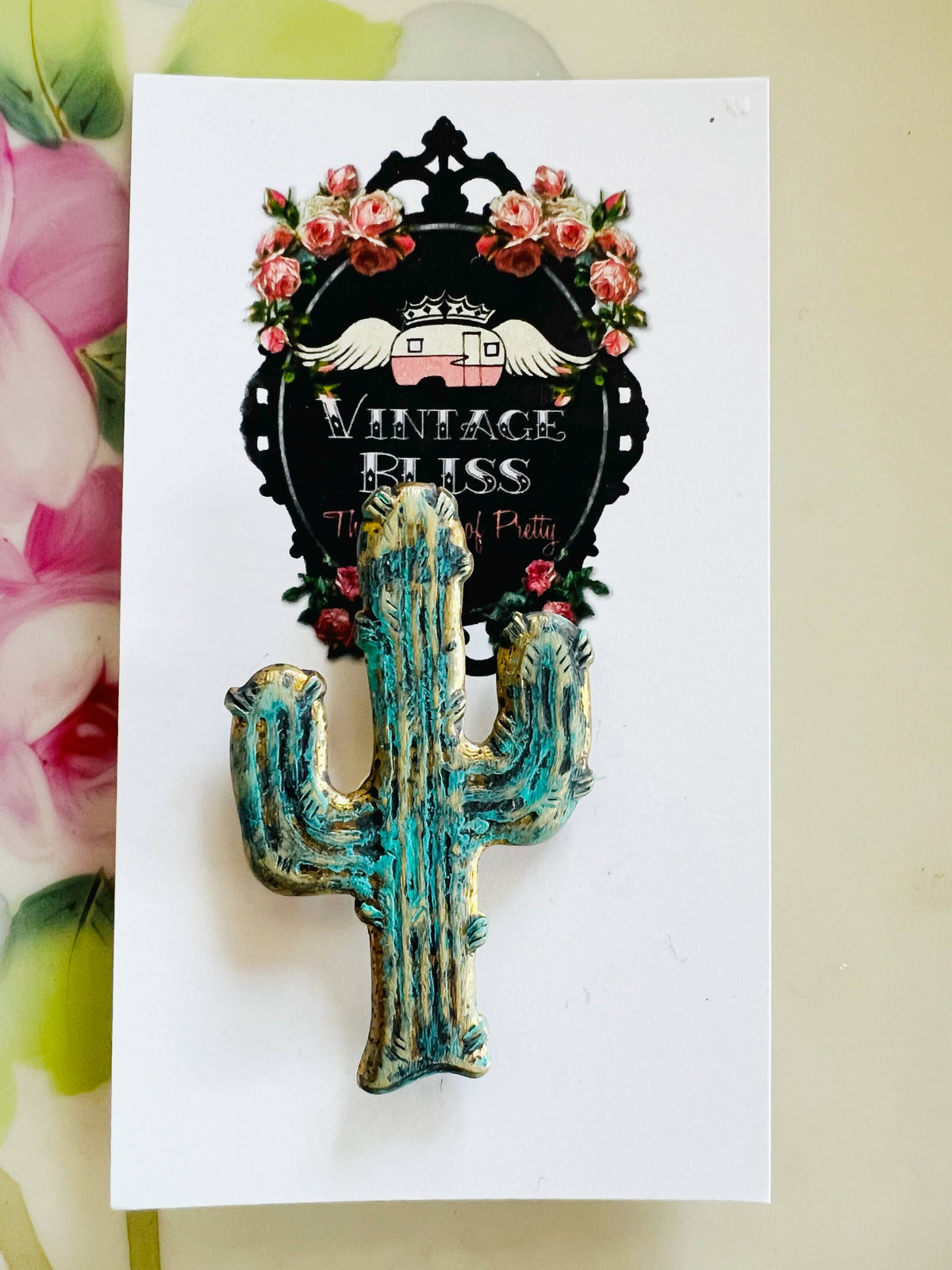 Western Turquoise Patina Aged Brass Cactus Hat Pin
