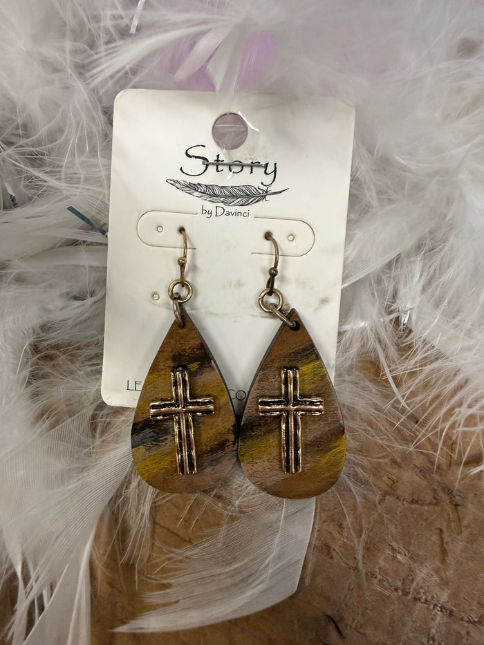 Woodgrain Cross Teardrop Earrings