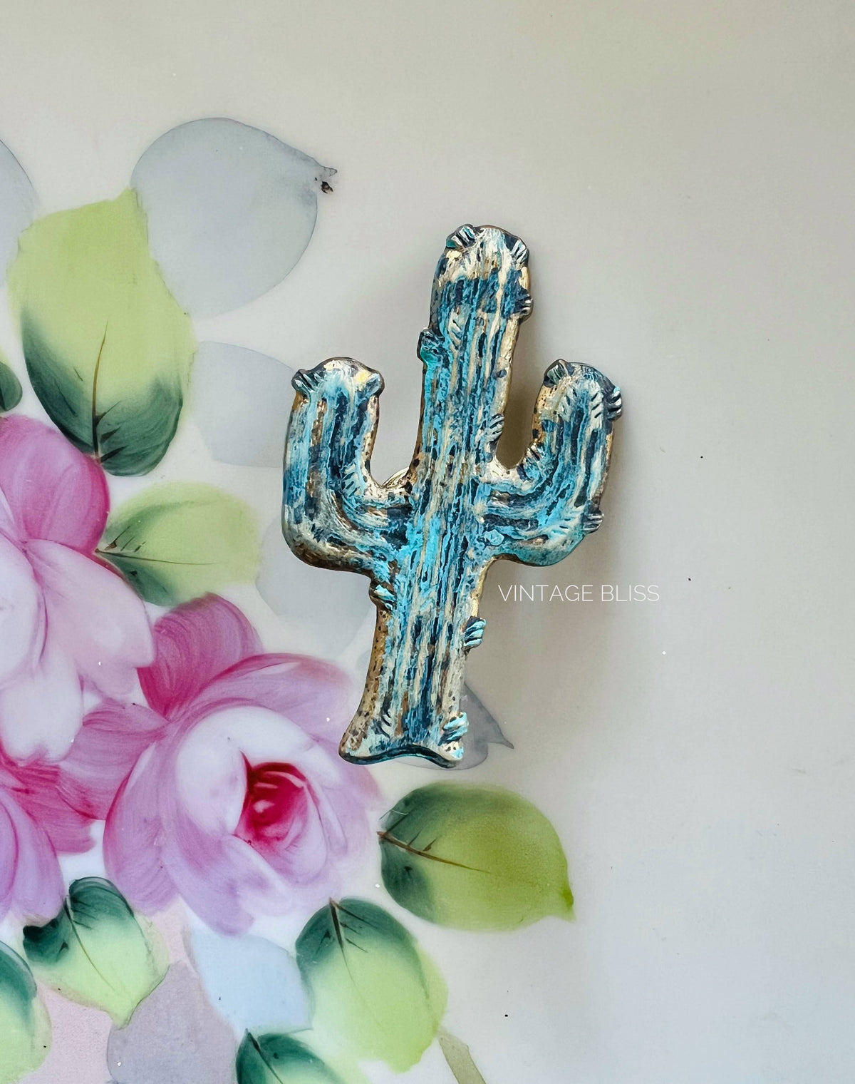 Western Turquoise Patina Aged Brass Cactus Hat Pin