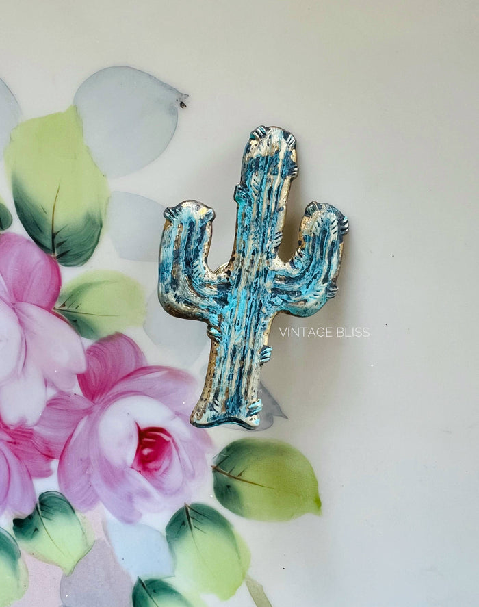 Western Turquoise Patina Aged Brass Cactus Hat Pin