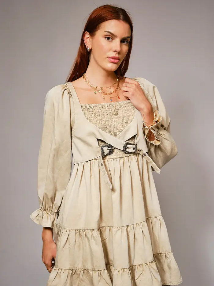 Buckle Smocked Mini Dress