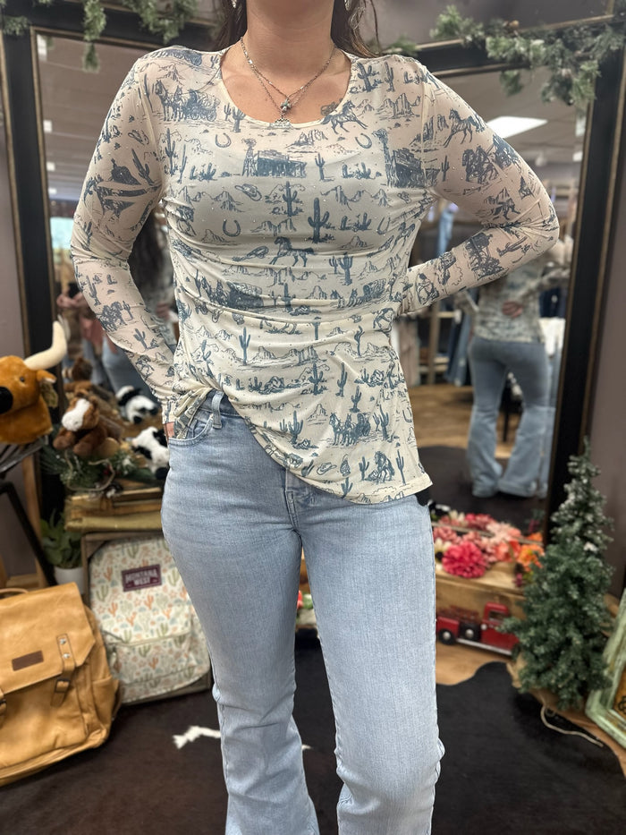 Western Sketch Mesh Long Sleeve Top