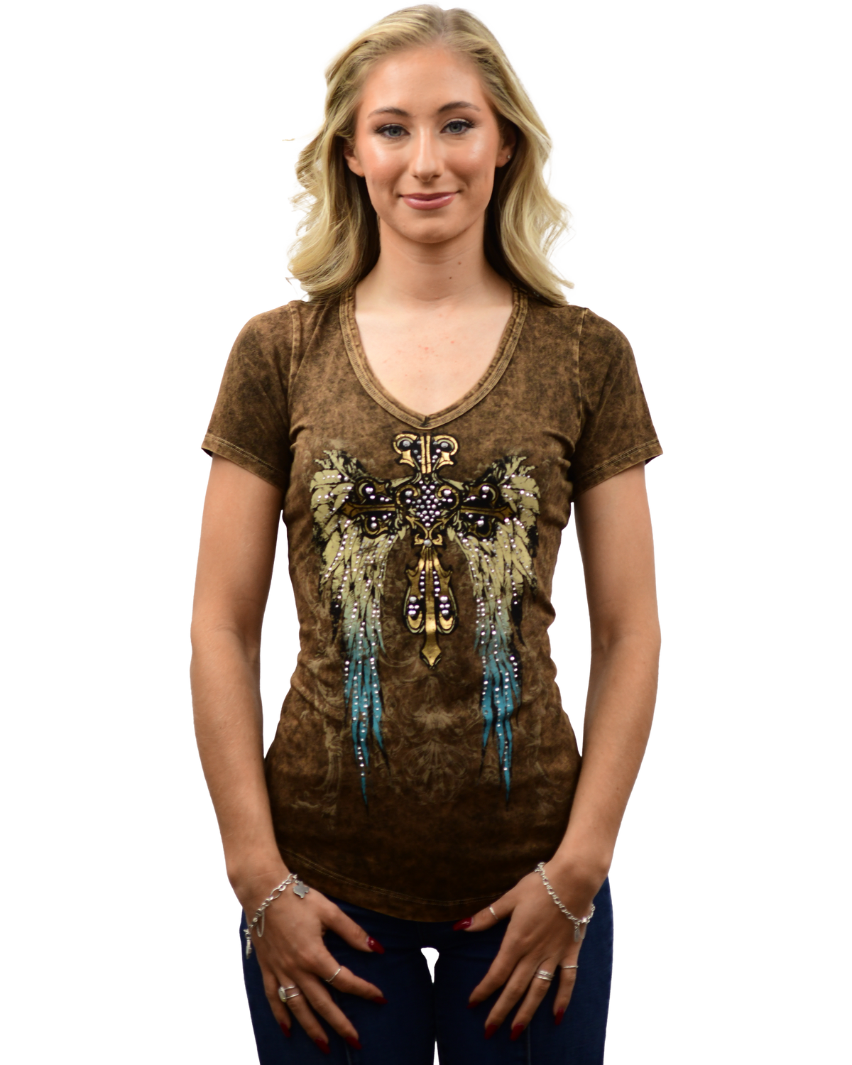 Liberty Wear Teal Gradient Wings & Cross V-Neck Tee