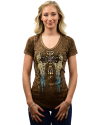 Liberty Wear Teal Gradient Wings & Cross V-Neck Tee