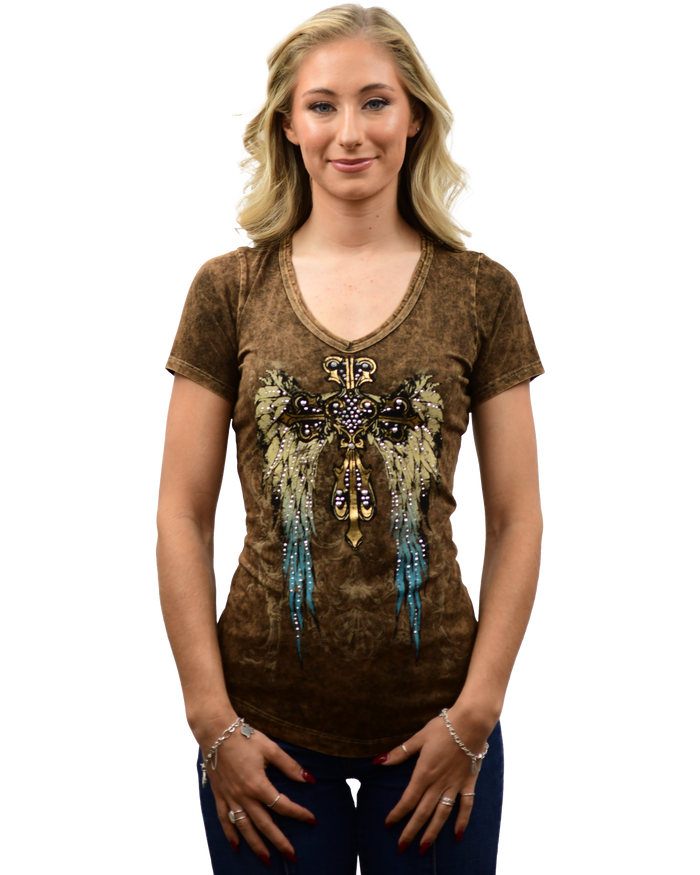 Liberty Wear Teal Gradient Wings & Cross V-Neck Tee