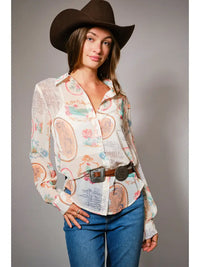 Western Scenic Print Blouse