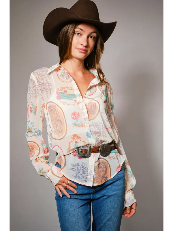 Western Scenic Print Blouse