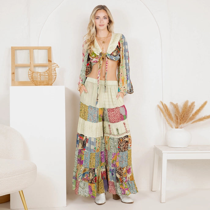 Bohemian Patchwork Tie-Front Top