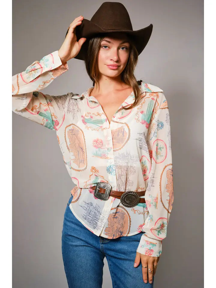 Western Scenic Print Blouse