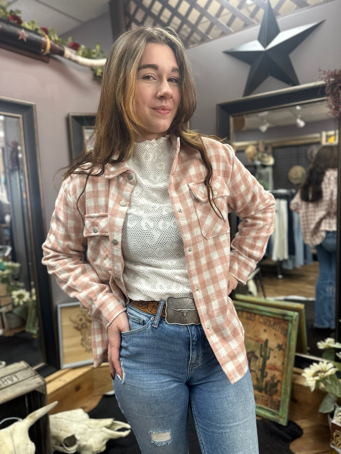 CozyCharm Light Pink Gingham Shacket