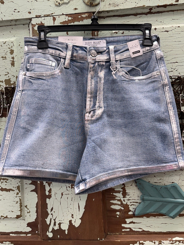 Pair of denim shorts with foil seams 