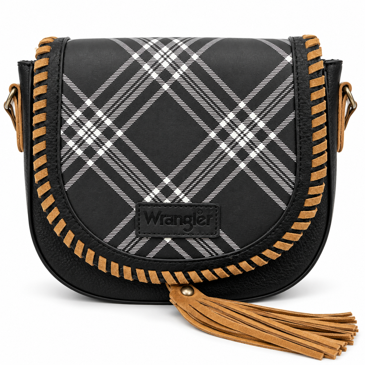 Wrangler Black Plaid Crossbody Saddle Bag with Tan Tassel
