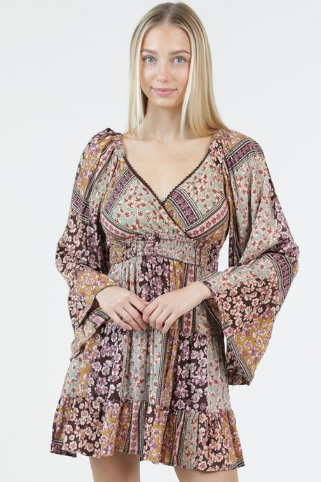 girl with patchwork dress and bell sleeves
