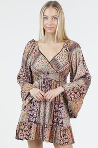 girl with patchwork dress and bell sleeves