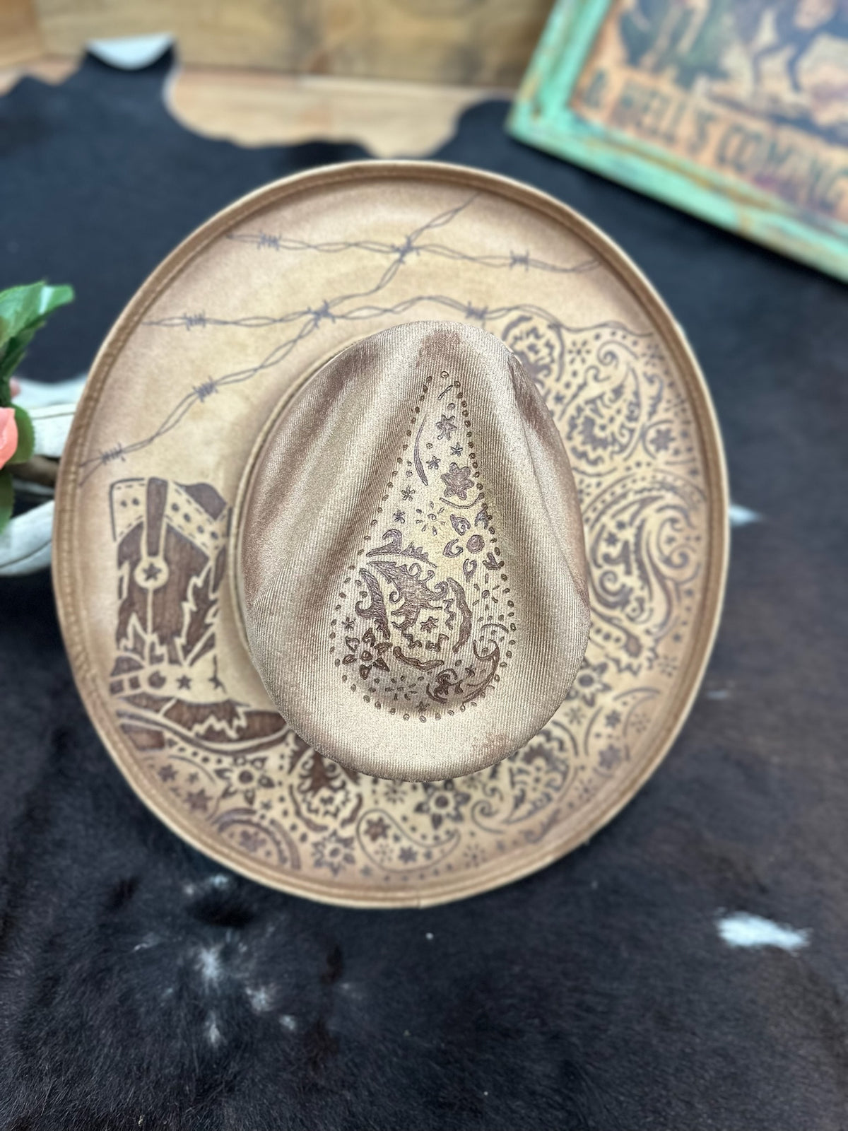 Boots and Paisley Custom Burned Hat