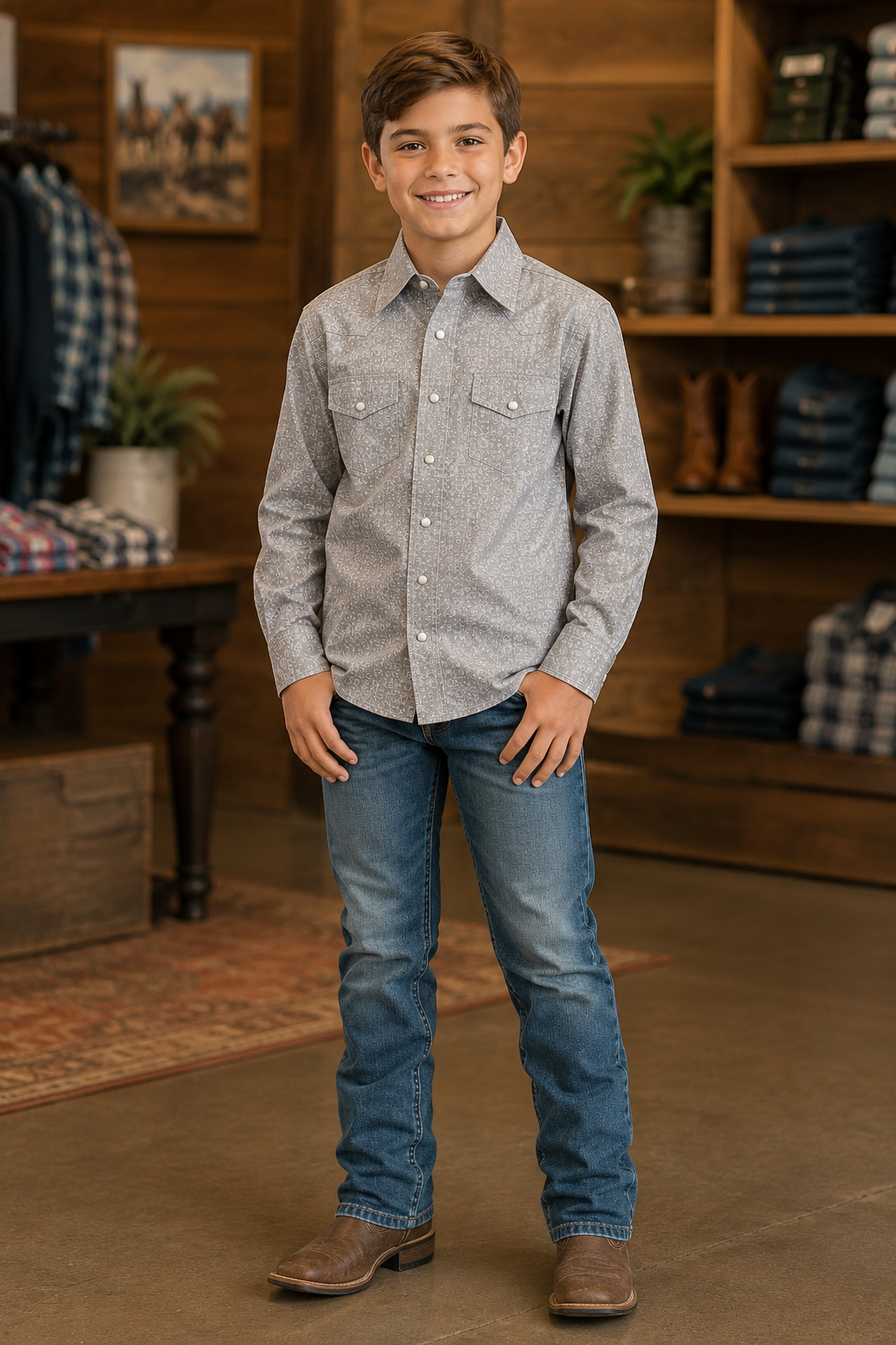 A young boy stands in a rustic western-style clothing store wearing a light gray patterned long-sleeve button-down shirt, blue jeans, and brown boots.