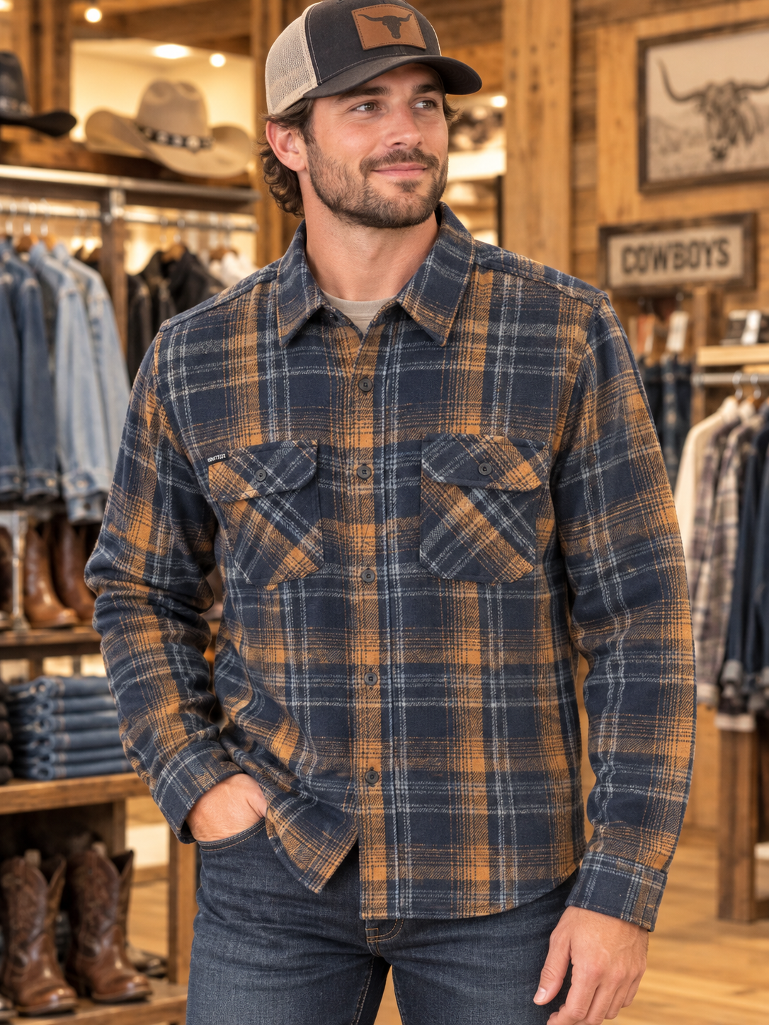 sexy man in brown and blue flannel with rust color in a store with clothes