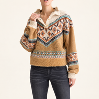 Miss Me Southwestern Patterned Quarter-Button Sherpa Sweater – Camel