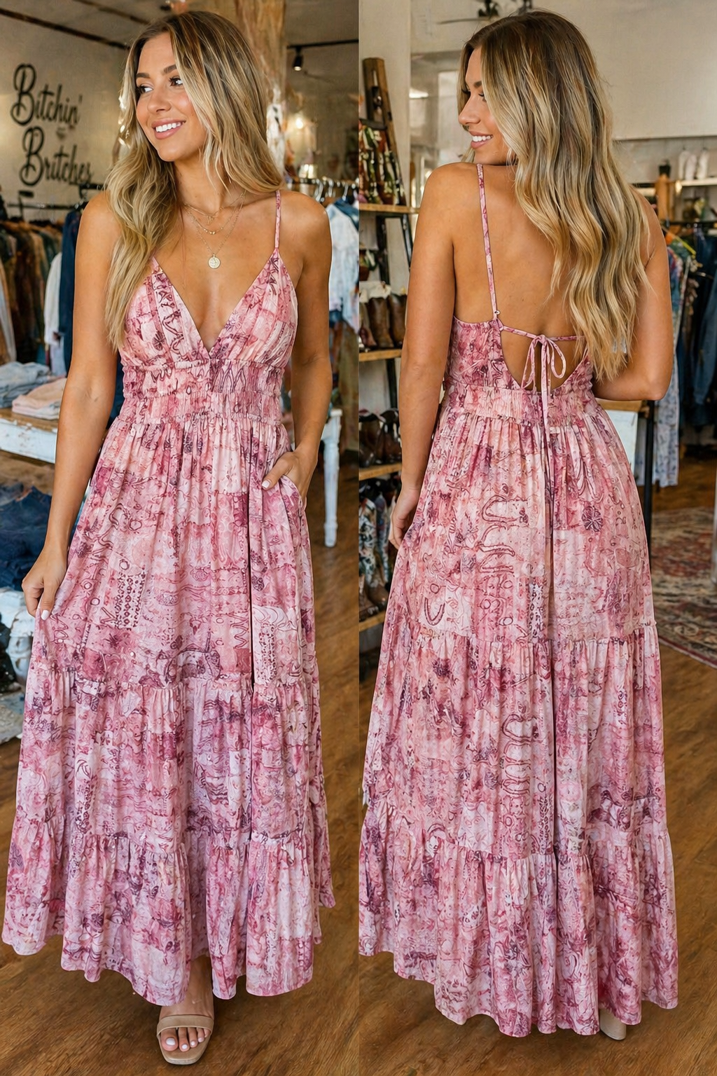Boho Blush Print Tie-Back Maxi Dress