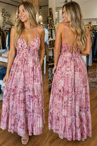 Boho Blush Print Tie-Back Maxi Dress