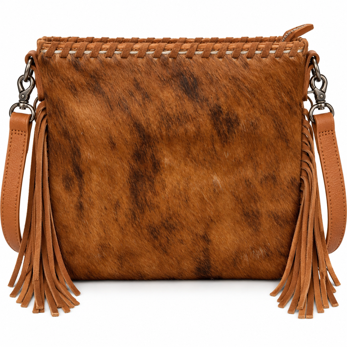 Western Cowhide Fringe Crossbody Bag – Brown & Black/White