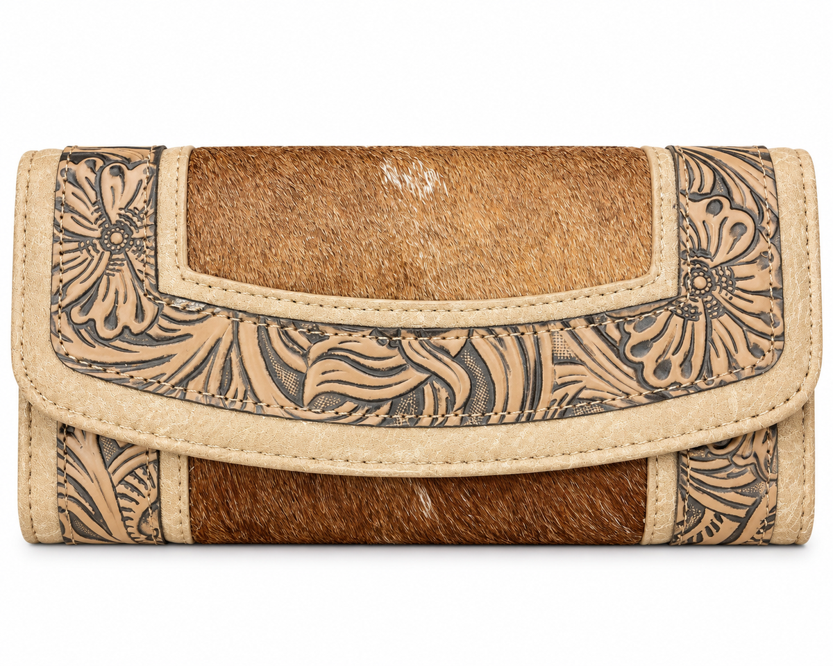 Western Tooled Cowhide Clutch Wallets