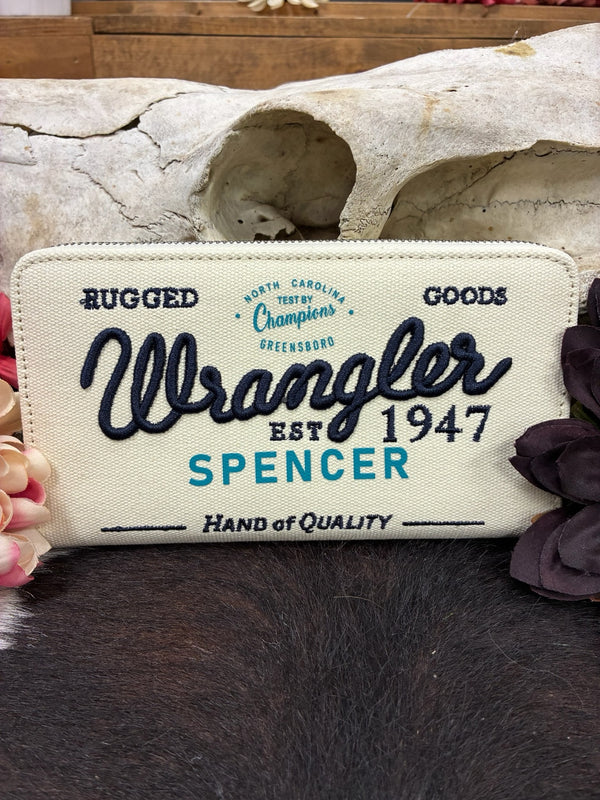 Wrangler Spencer Embroidered Zip-Around Wallet – Olive & Cream