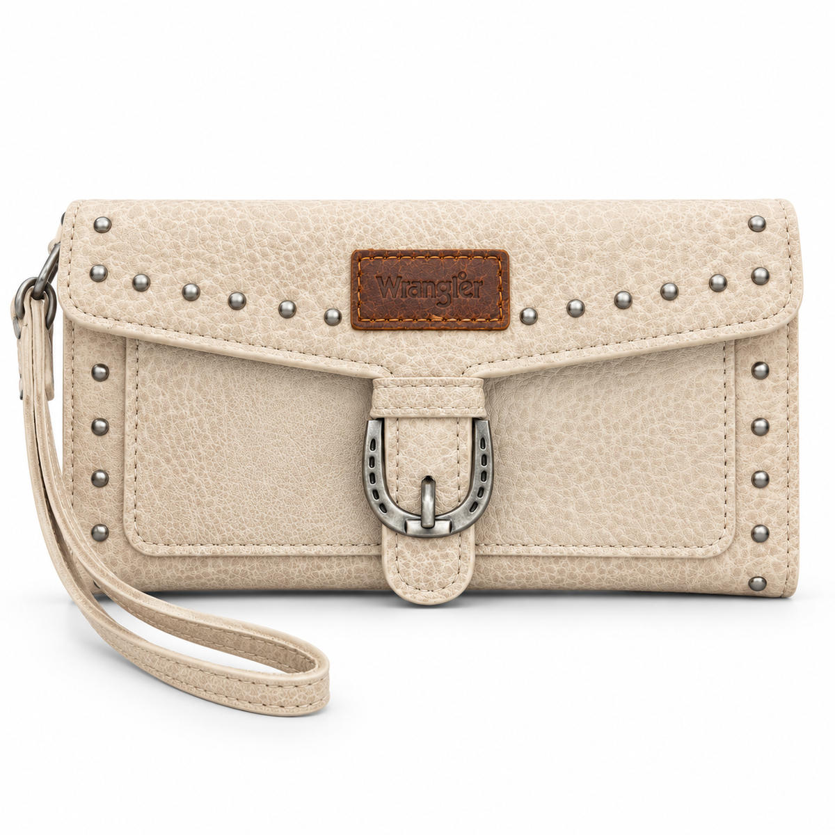 Cow Print: Wrangler cream wallet with black, white, and brown cow-print panels, silver-tone studs, and western buckle detail.
Solid Cream: Wrangler distressed cream wristlet wallet with silver-tone studs, western buckle detail, and matching wrist strap.