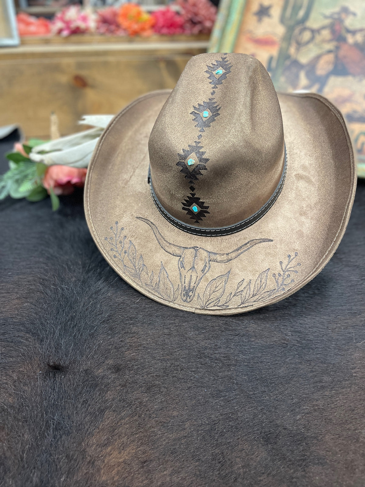 Turquoise Longhorn Custom Burned Hat