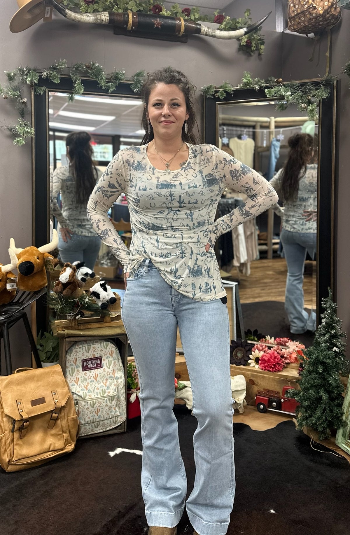 Western Sketch Mesh Long Sleeve Top