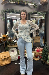 Western Sketch Mesh Long Sleeve Top