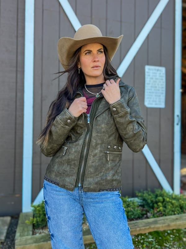 Montana Co. Distressed Faux Leather Moto Jacket