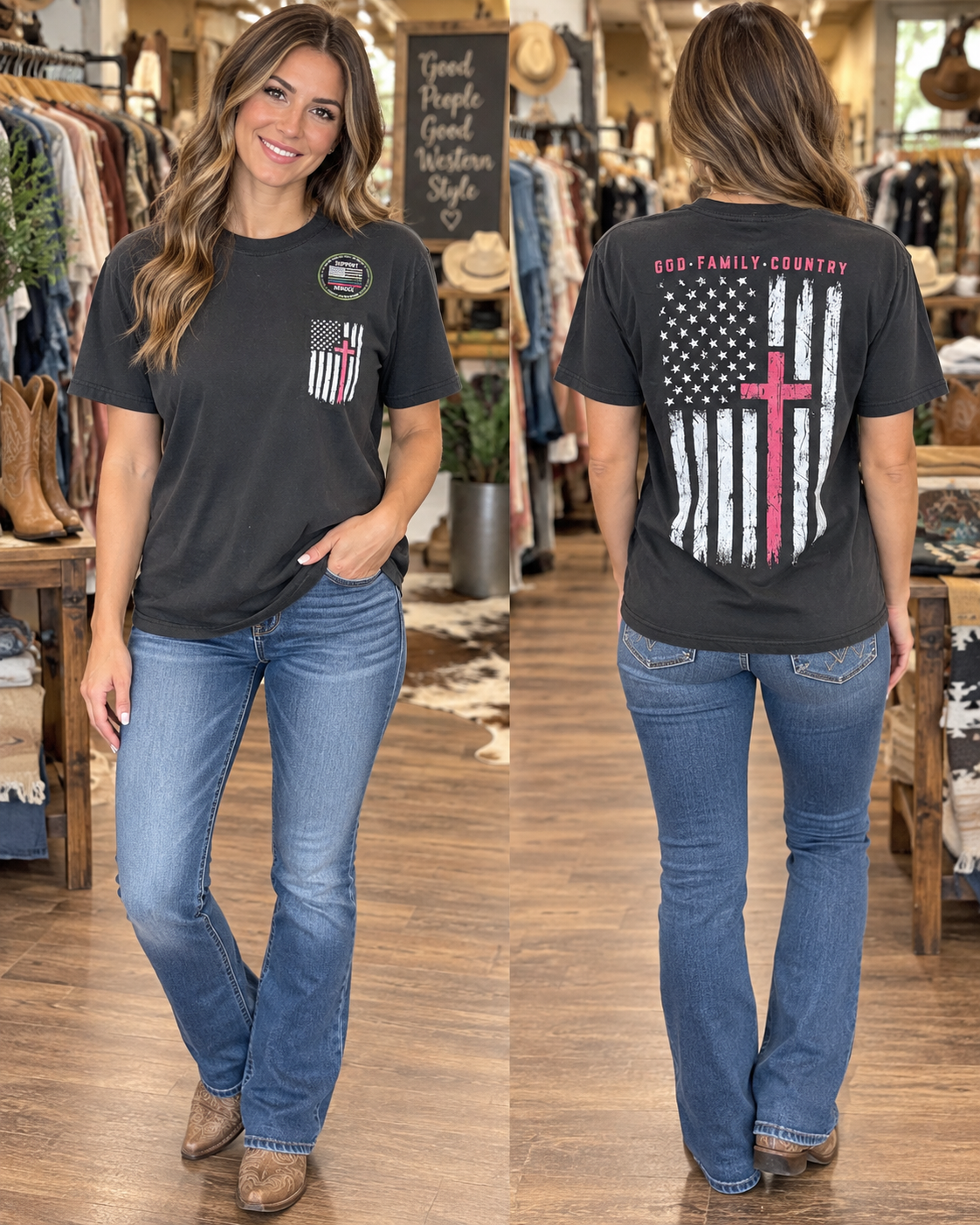 A woman modeling a dark charcoal gray graphic t-shirt in a retail store, shown from both the front and back. The front features a small pocket with a red, white, and blue American flag design and a circular patch.
