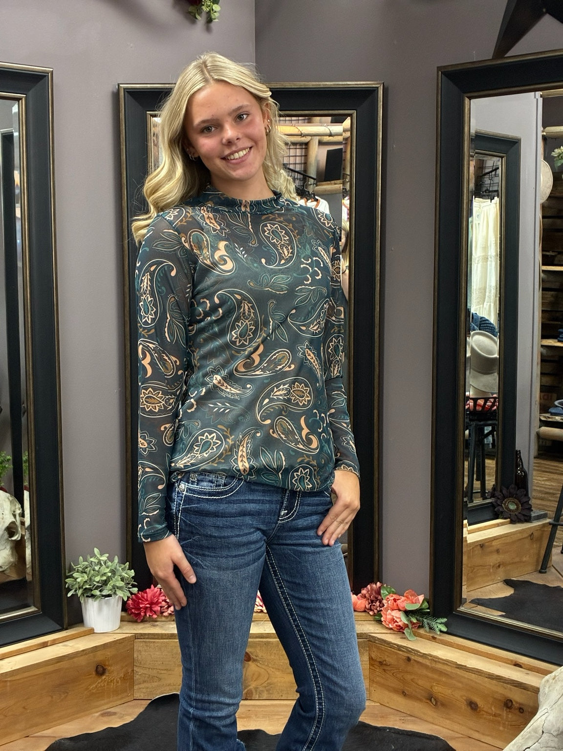 Liberty Wear Midnight Paisley Mock Neck Top