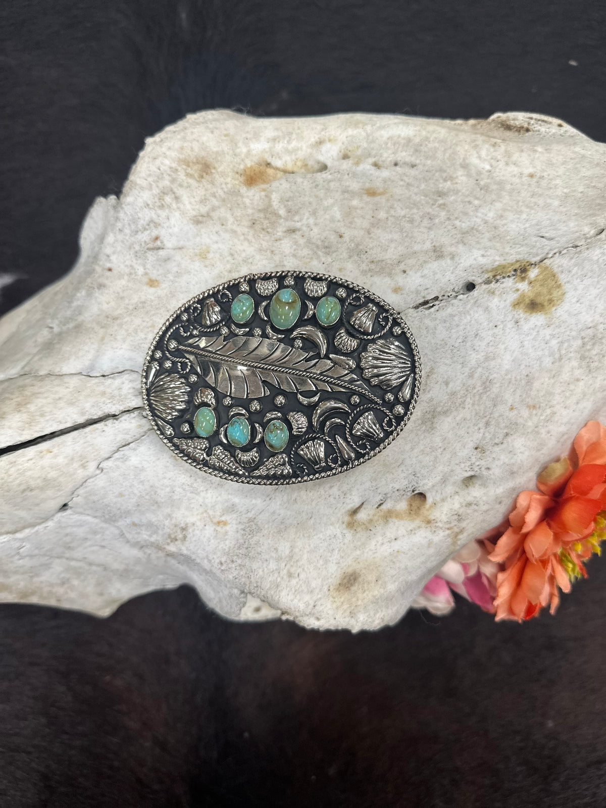 Feather and Turquoise Belt Buckle