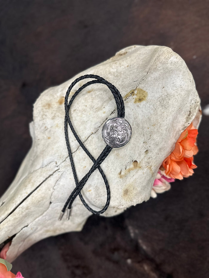 Engraved Silver Concho Bolo Tie