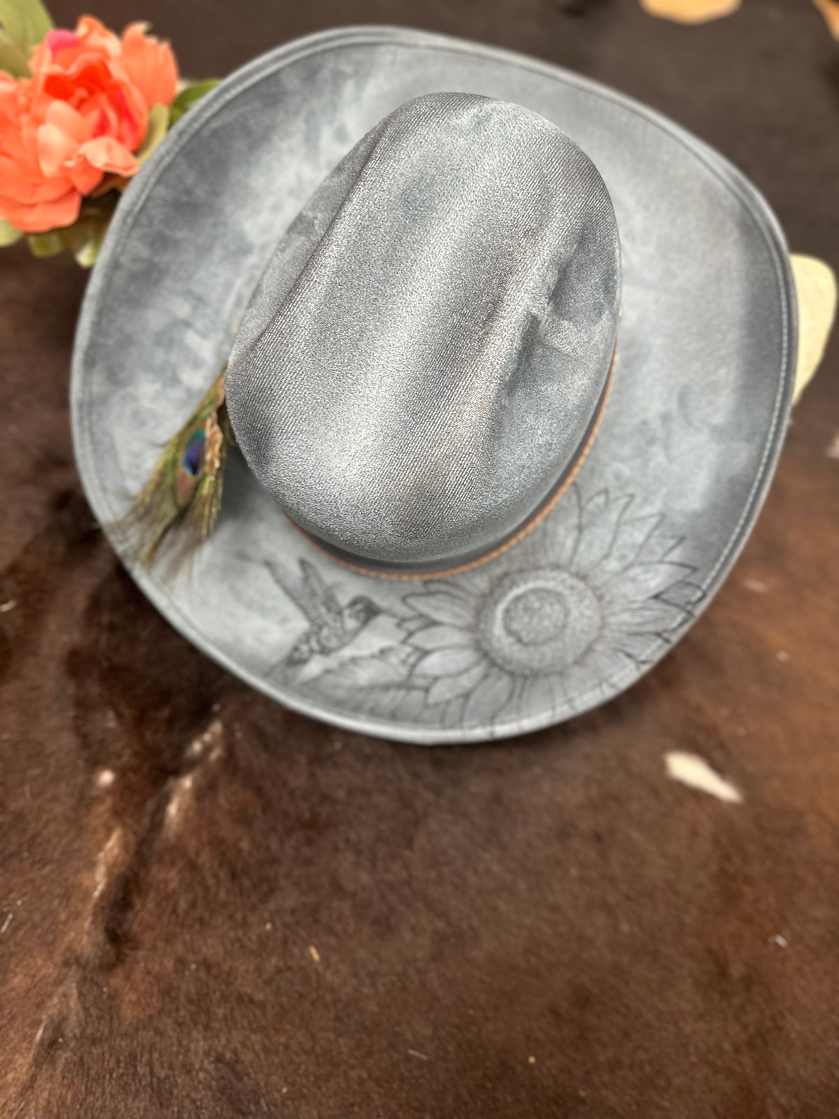 Custom Burned Sunflower and Hummingbird