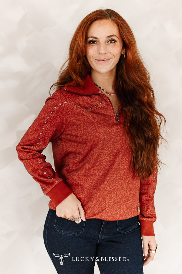 Rust & Spurs Tooled Print Studded Pullover Sweater