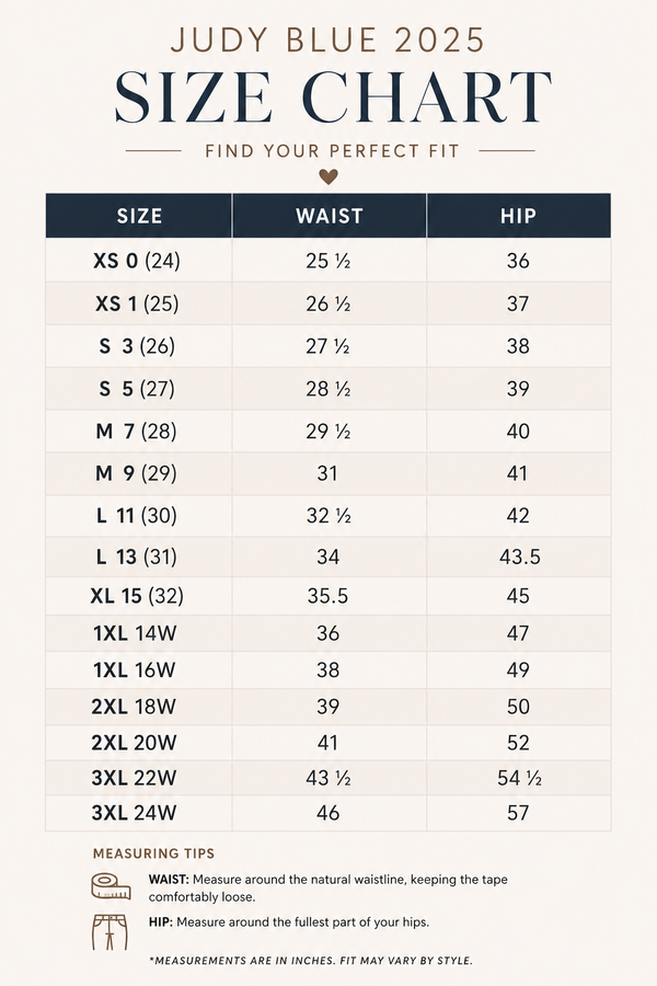 Judy Blue 2025 size chart for waist and hip measurements.