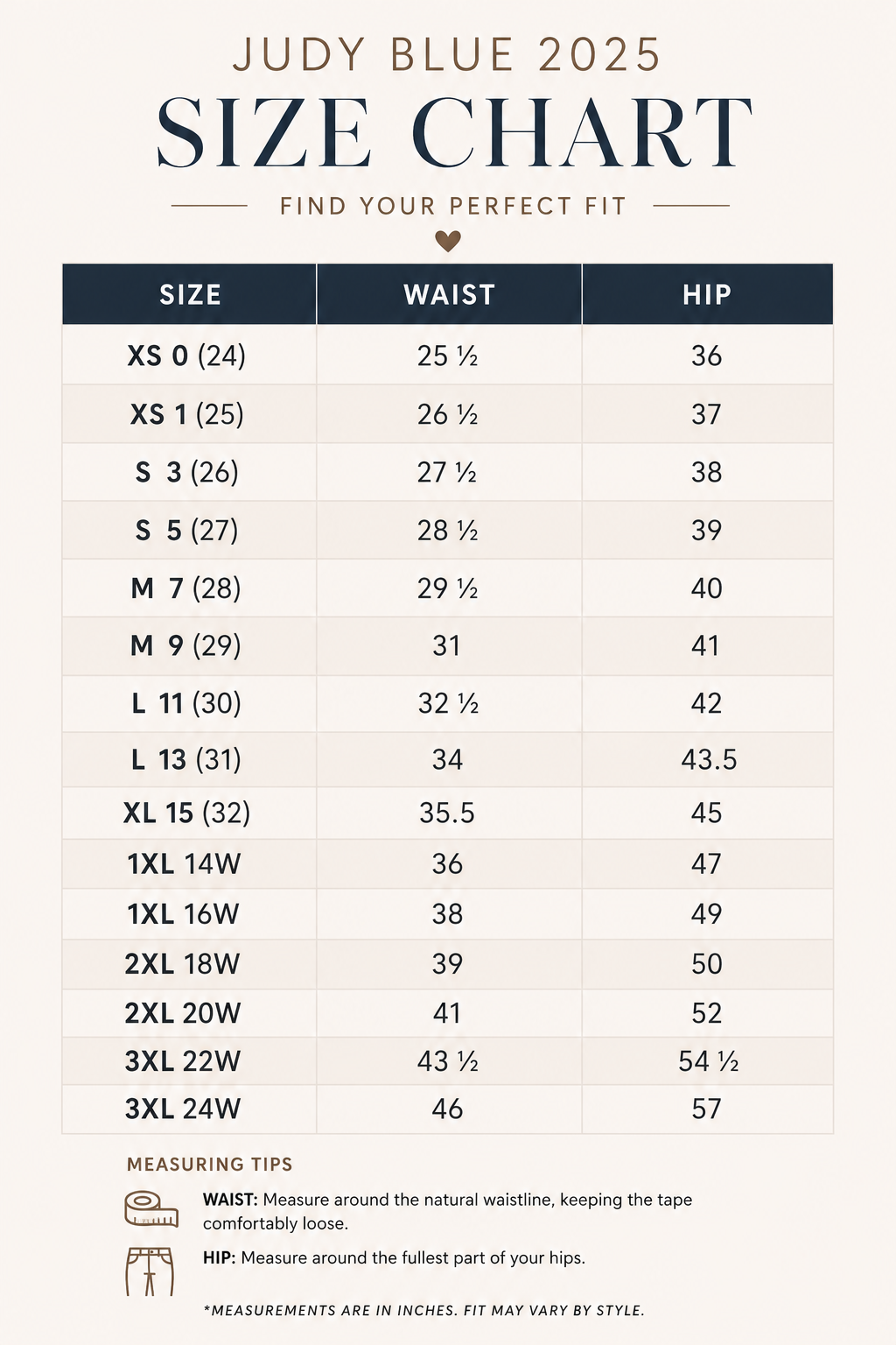 Judy Blue 2025 size chart for waist and hip measurements.