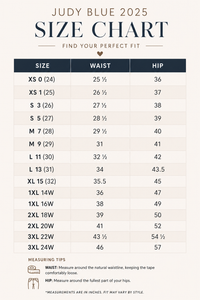 Judy Blue 2025 size chart for waist and hip measurements.